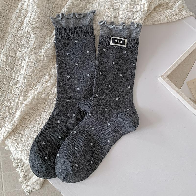 Women’s Cute Dotted Frilly Socks Soft Cotton Breathable Casual Fashion Preppy Style Long Socks Comfy Novelty Socks