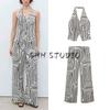 Open Back Hanging Collar Vest 17071150 Cotton and Linen Blended Geometric Pattern Floral Print Casual Jumpsuit 17061155