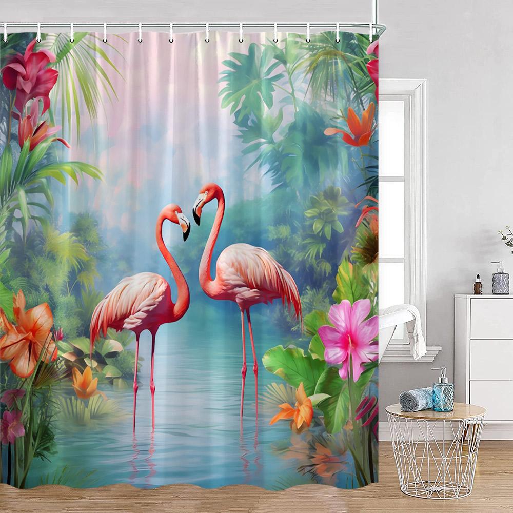 Flamingos Shower Curtains Tropical Leaves Pink Birds Green Plants Bathroom Curtain Polyester Fabric Home Decorations with Hooks