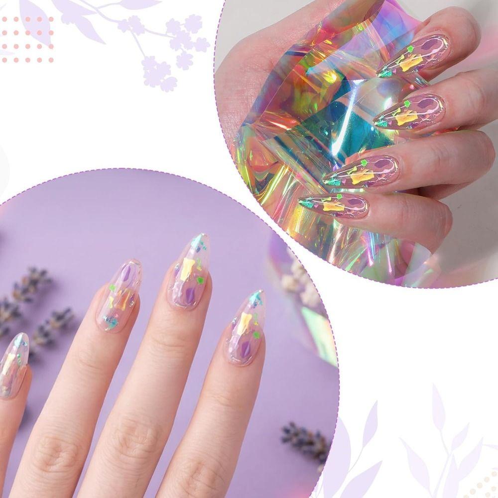 Iridescent Nail Art Stickers 10 Rolls Laser Glass Nail Foils Hot Transfer Decals DIY Manicure