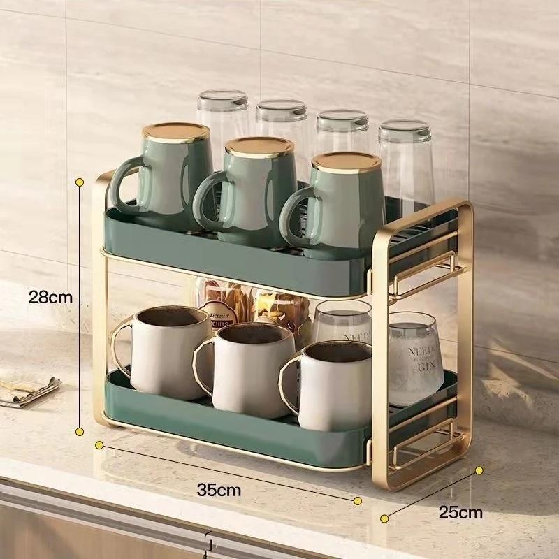 2-Tier Standing Cup Holder & Drying Rack-Multifunctional Wine/Tea/Coffee Cup Storage with Drip Tray Practical Kitchen Organizer