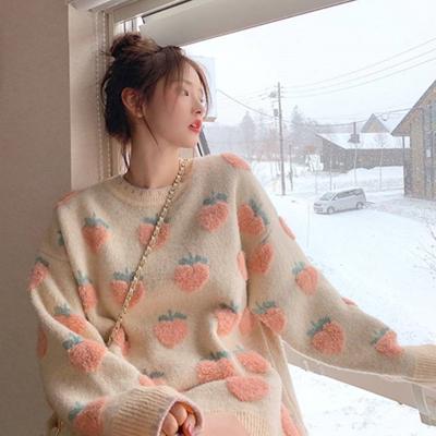 Žieminis megztinis moterims su braškių siuvinėjimu, oversized, Harajuku, laisvas, apvalia iškirpte, megztas džemperis Sueter Mujer