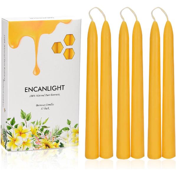 Beeswax Taper Candles, 8" 12Pack Natural Bees Wax Candle - Smokeless, Dripless & Unscented Tapered Candles - 8 Hours Long Burning Time for Home Decor