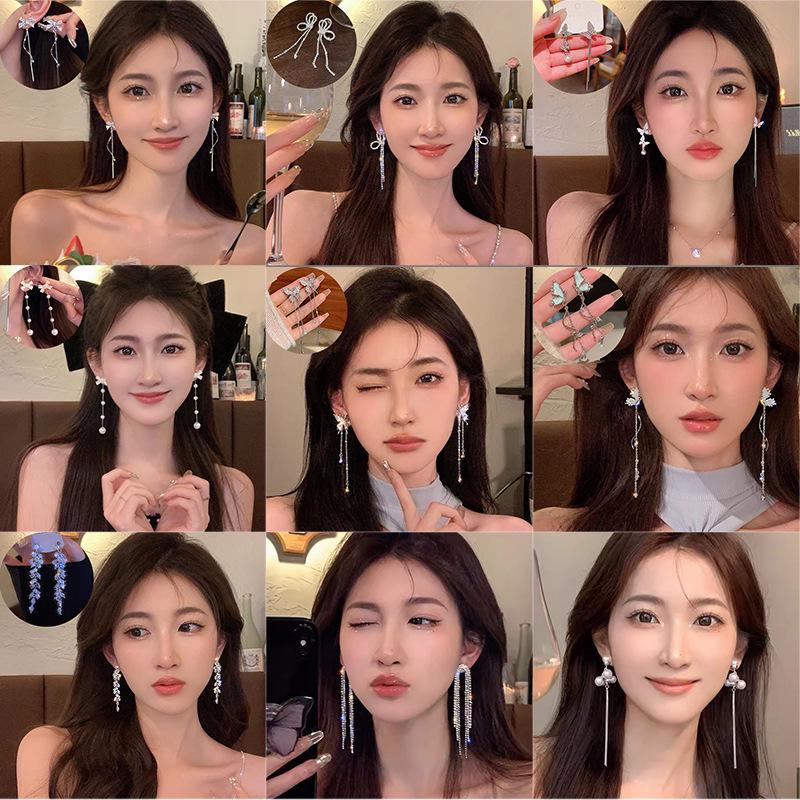 Korean-Style High-End Tassel Bow Earrings - Elegant Long Design for Women