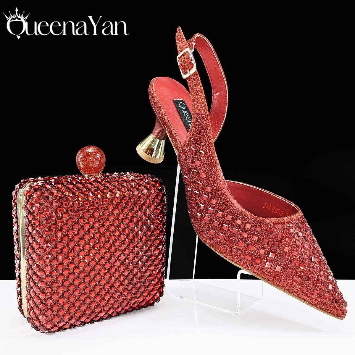 

Queena Yan 2025 Итальянский Дизайн Стразы Роскошный Темно-синий Набор Туфли и Сумка Женские Туфли на Высоком Каблуке для Вечеринок Высокое Качество 38 винный