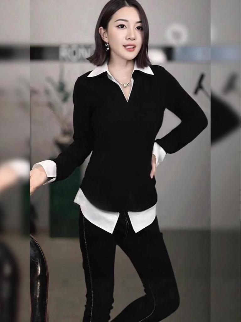 2026 Spring Fashion Korean Color-Block Patchwork Two-Piece Long Sleeve Women's Shirt