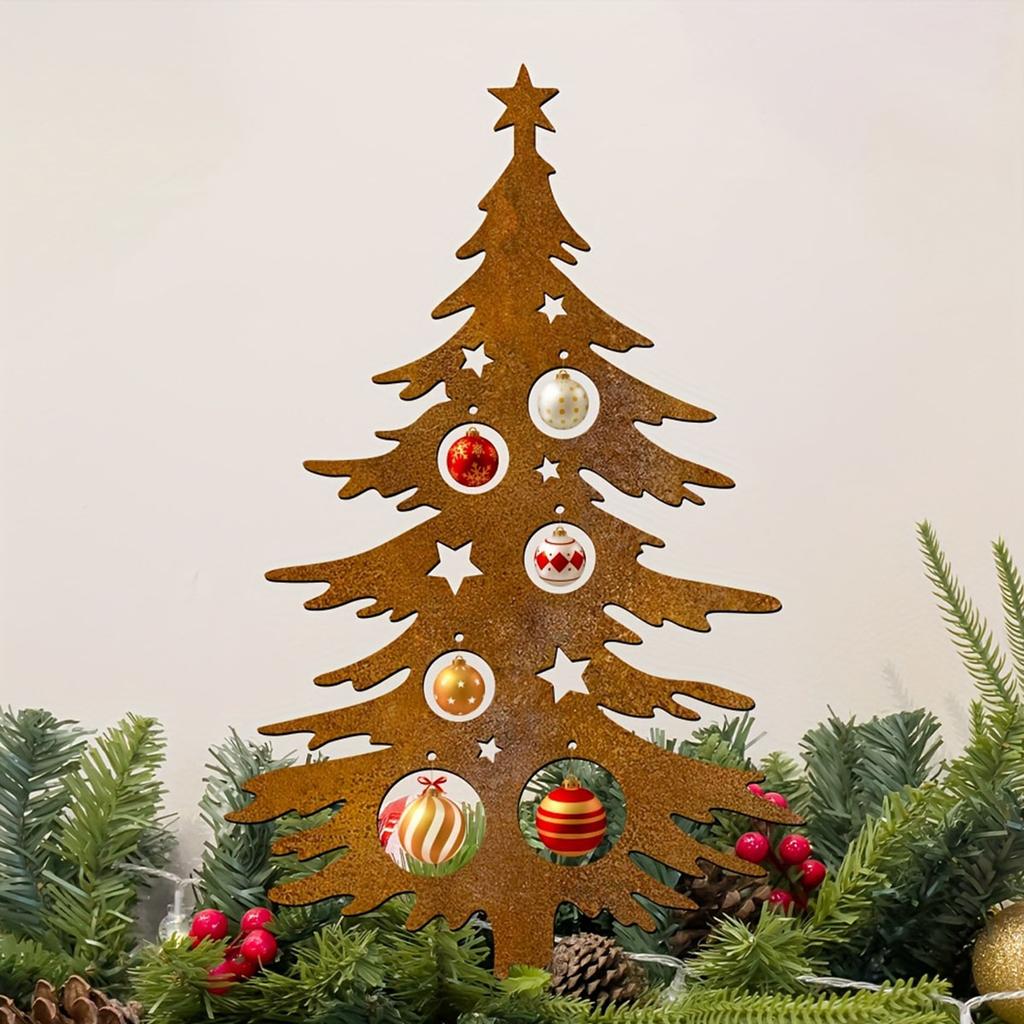 1Pc Iron Christmas Tree Garden Decoration Stake, Outdoor Decoration, with Star and Decorative Design, Suitable for Patio, Lawn, Porch or Fen