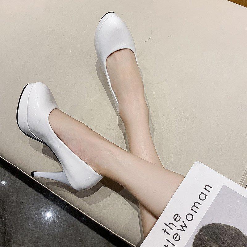 New night show super high heel patent leather hate sky high deep mouth round head single shoes formal professional waterproof table high heels