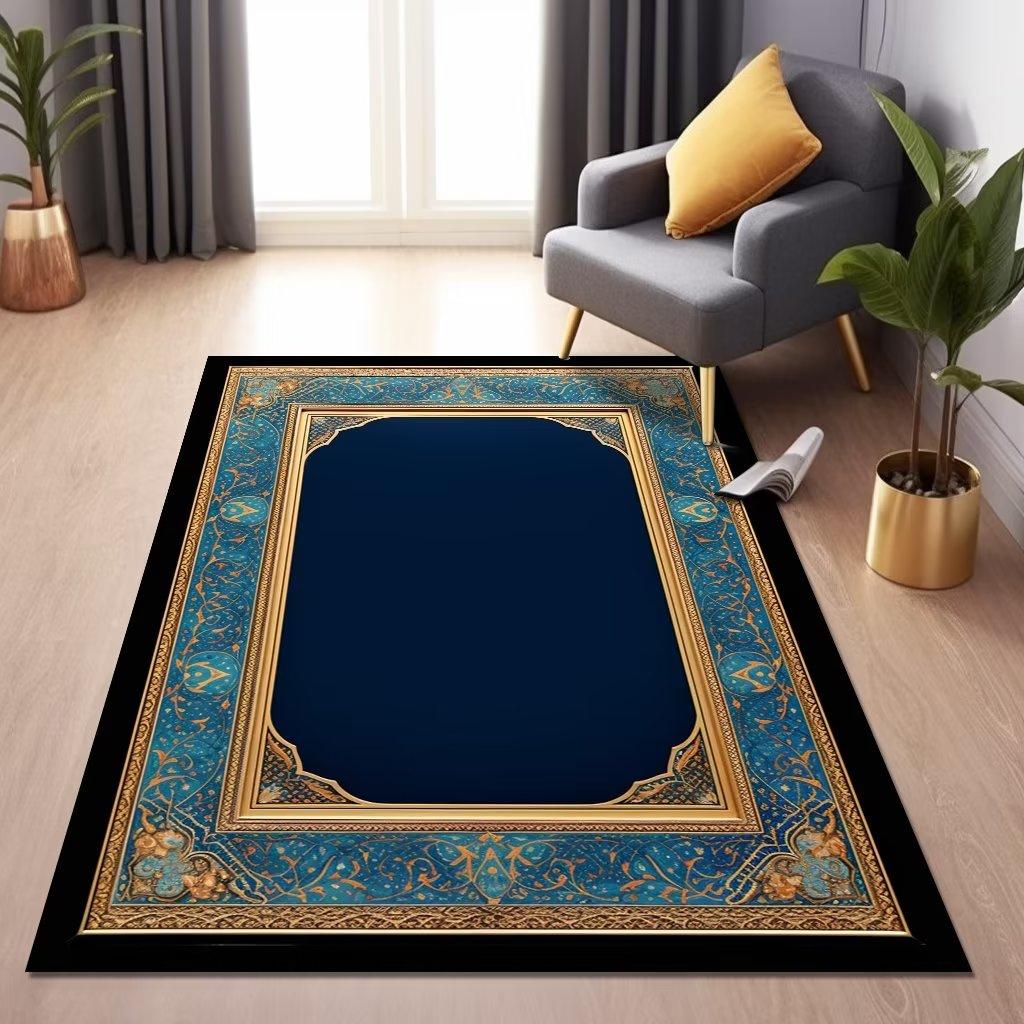 Islam Living Room Carpet Blue Luxury Decoration Home Rugs for Bedroom Soft Fluffy Flannel Carpet Anti-slip Large Area Pray Mat