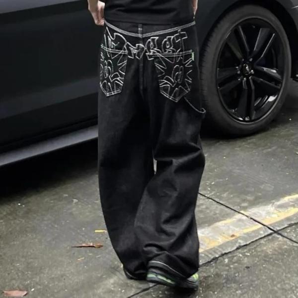 GLYDE Vintage Embroidery Black Jeans Oversized Streetwear Grunge Y2k Baggy Denim Trousers Boyfriend Jeans Hip Hop Gothic