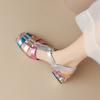 Fashion 2025 New Summer Women Sandals Split Leather Women Shoes Cover Toe Chunky Heel Gladiator Ladies Shoes Modern Sandals