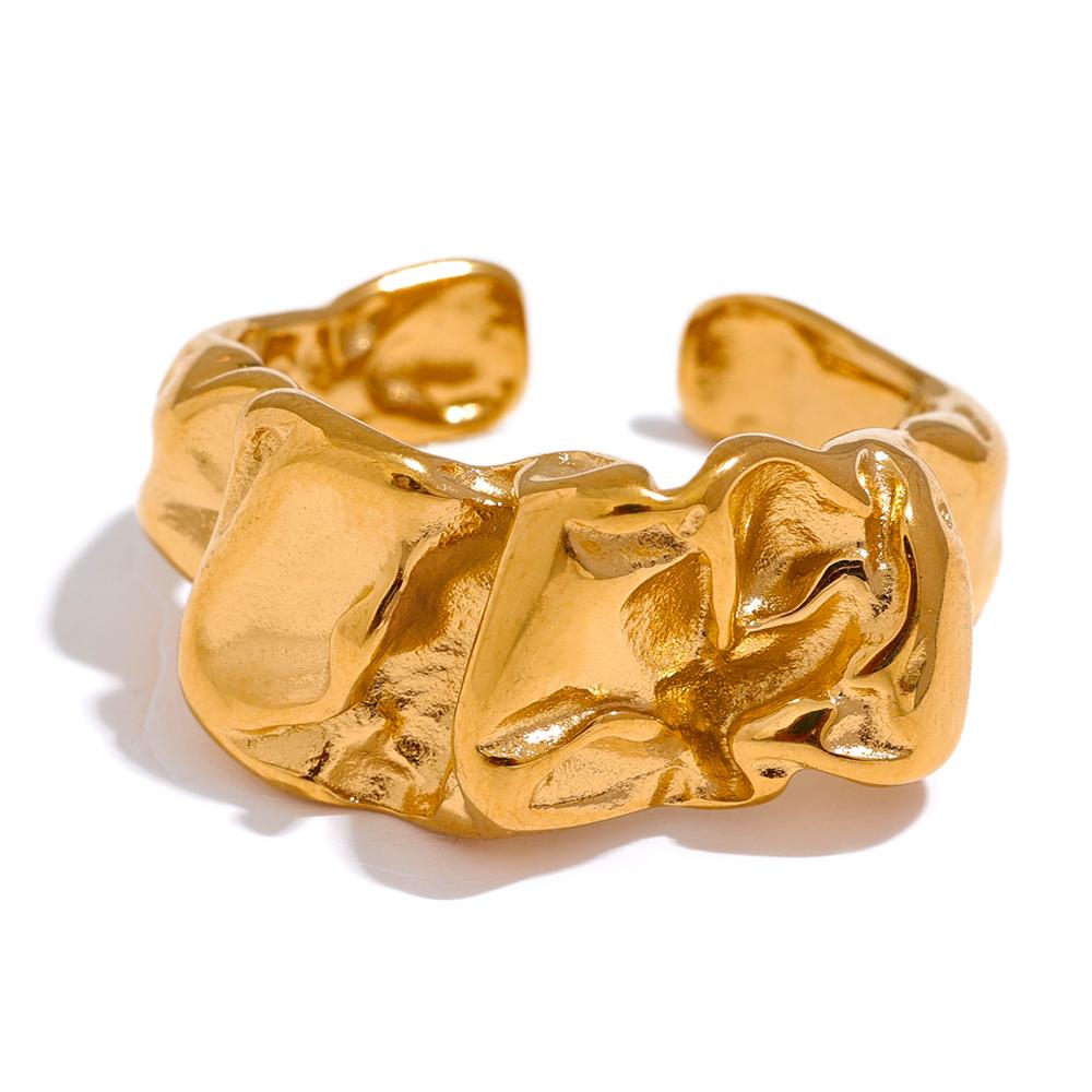 

Yhpup New Stainless Steel Creative Metal Wide Ring for Women Gold Color Texture Temperament Jewelry Waterproof Accessories 7