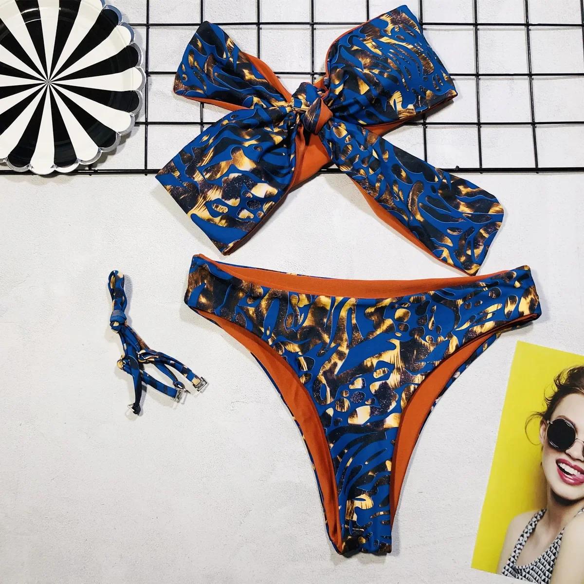 

Сексуальный бикини бандо женский синий принт бант купальник купальник бикини комплект купальный костюм пляжный бикини женский съемный ремешок L синий