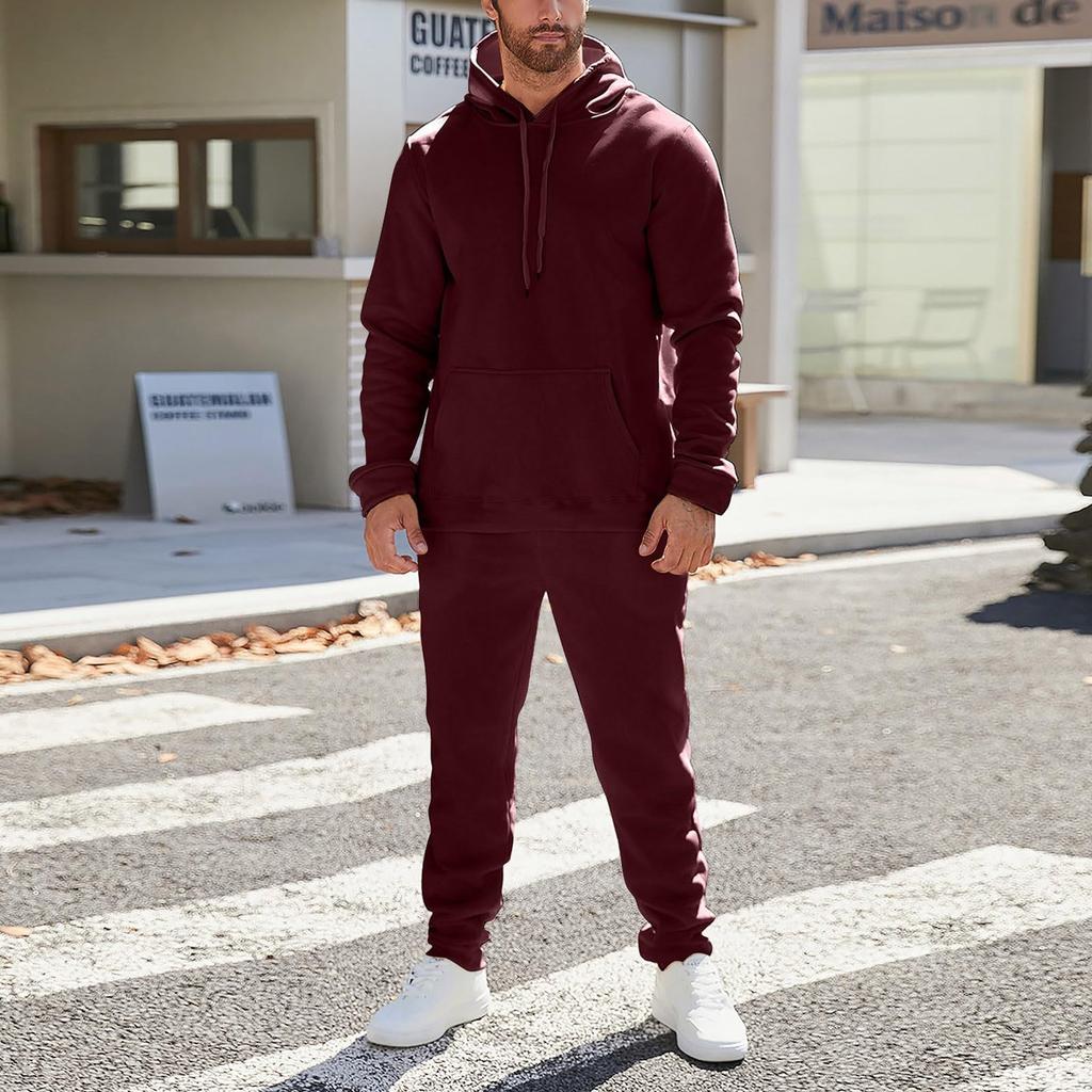 Men's And Women's Solid-color Casual Set. Men's Long-sleeved Hooded, Fleece And Thickened Sweatshirt And Pants Two-piece Set