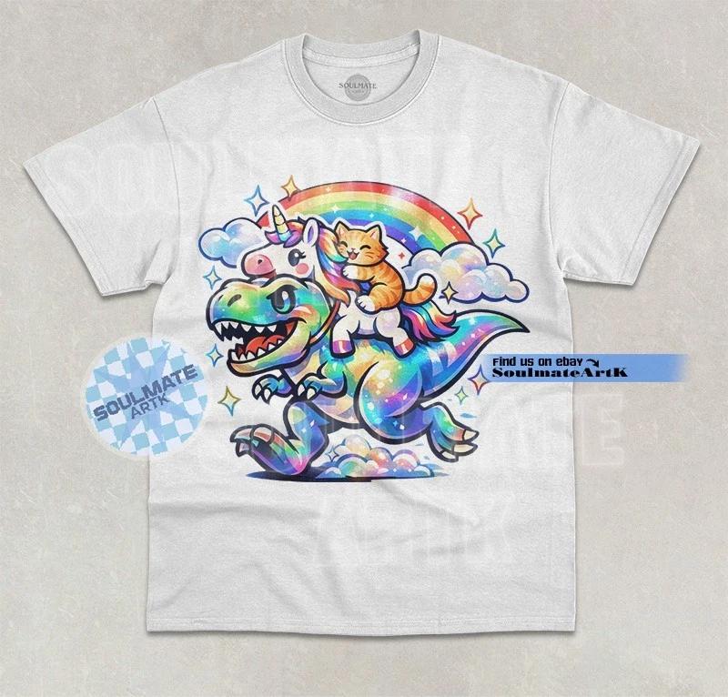 Cute Cat Unicorn Dinosaur T-Shirt Funny Animal Lover Meme Dino Graphic Shirt L