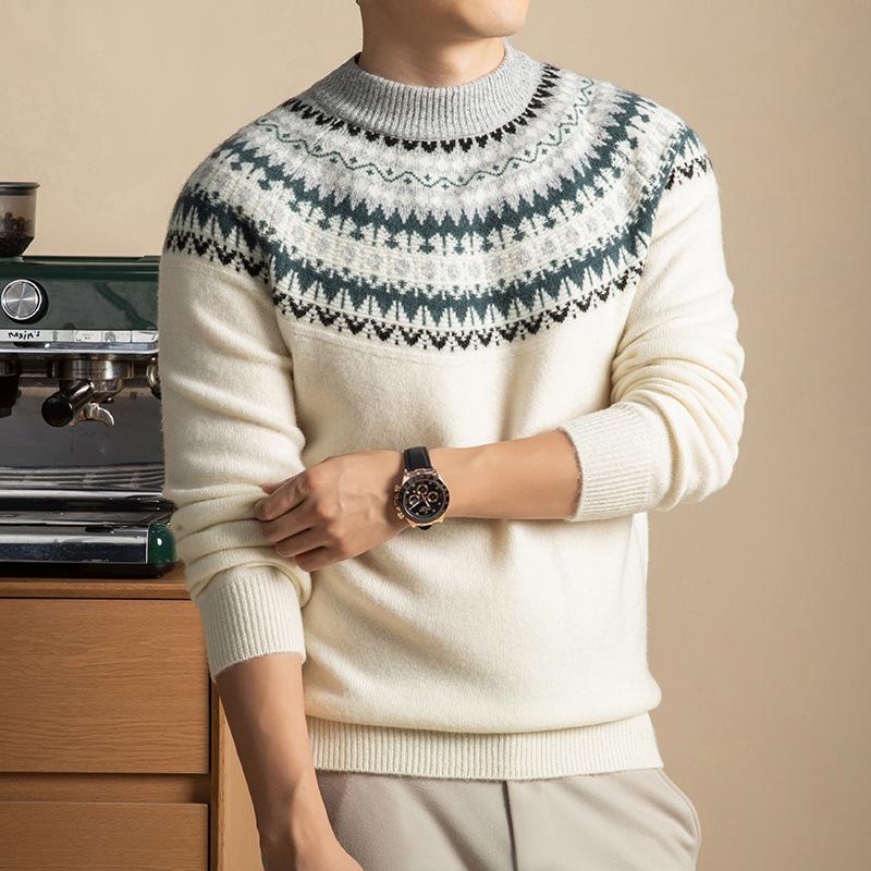 

Men s Thick Jacquard Wool Sweater - 2025 Autumn/Winter Collection Large білий
