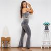 Shascullfites Shaper Anzug Body Reißverschluss Push Up Top Grau Jeans Top Hohe Taille Flare Jeans Set Frau 2 Stück