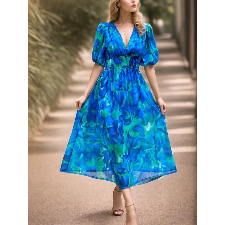 Neues Boho-Midikleid mit Blumendruck Damenmode V-Ausschnitt Kurzarmkleider für Damen 2025 Sommer Lässig Urlaub Langes Kleid