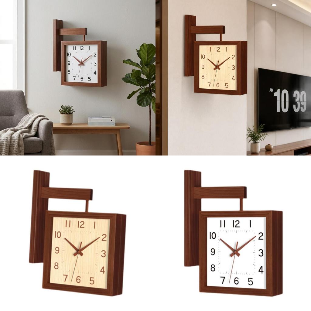 Holz Quadratische Uhr, Modern Kreatives Design Tickenlos Doppelseitige Uhr, Wanduhr für Hotel