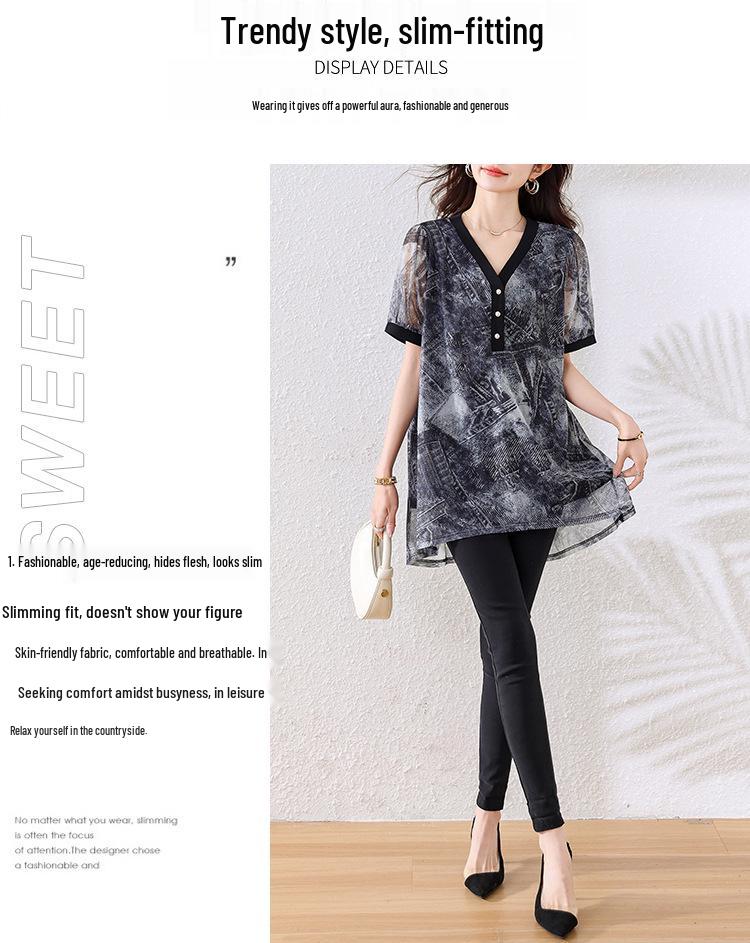 Plus-Size V-Neck Ink Print Summer Shirt – Fat Girls' Loose Fit, Belly Cover, Medium-Length – Women's Top, 200 Jin