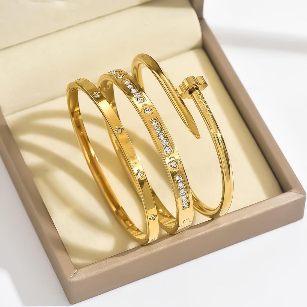 Titanium Steel Zircon Nail Bracelet - Women's Elegant Open Bracelet, Non-Fading, European & American Style