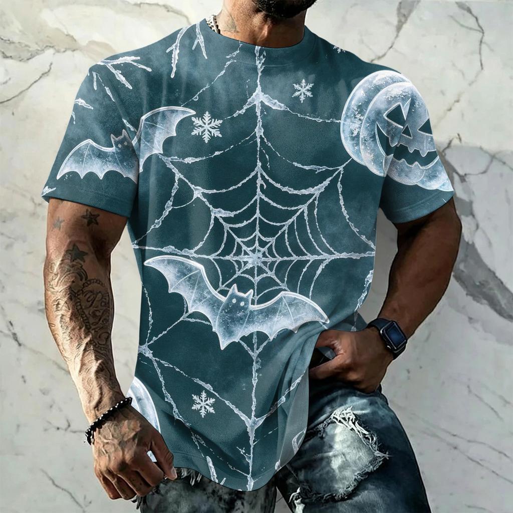 Men's Halloween Vintage Short Sleeve T Shirt Loose Fit Breathable Summer Sports Streetwear Casual Everyday Top with Spider Web Bat Moon Print