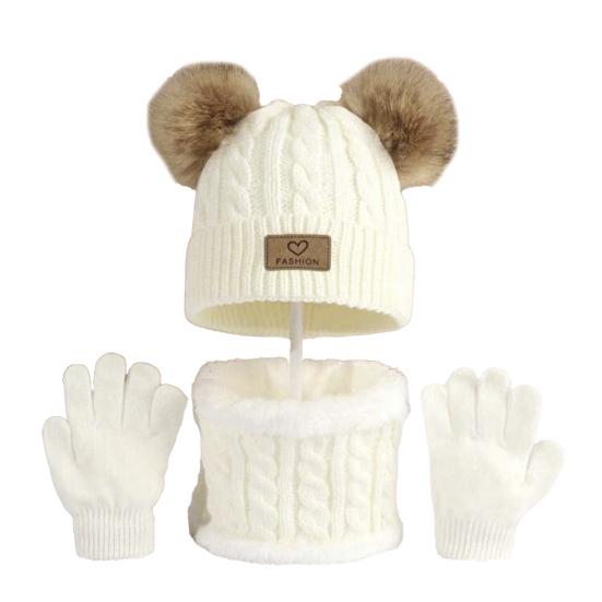 Yousheng 3Pcs/Set Kids Winter Hat Scarf Gloves Set Two Plush Ball Decor Twist Texture Brimless Hat Knitting Gloves Fleece Lining Neck Gaiter Set