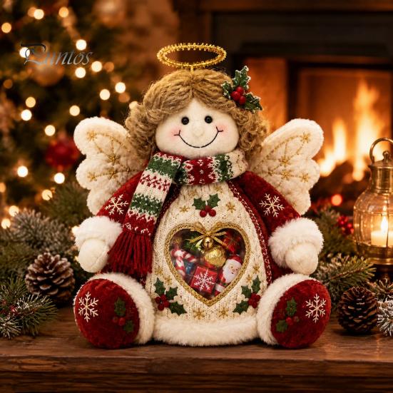 Plush Candy Storage Box Christmas Snack Bag, Clear Heart Window Doll with Back Zipper, Holiday Cookie Gift Soft Knitted Ornament Holder, Decorative