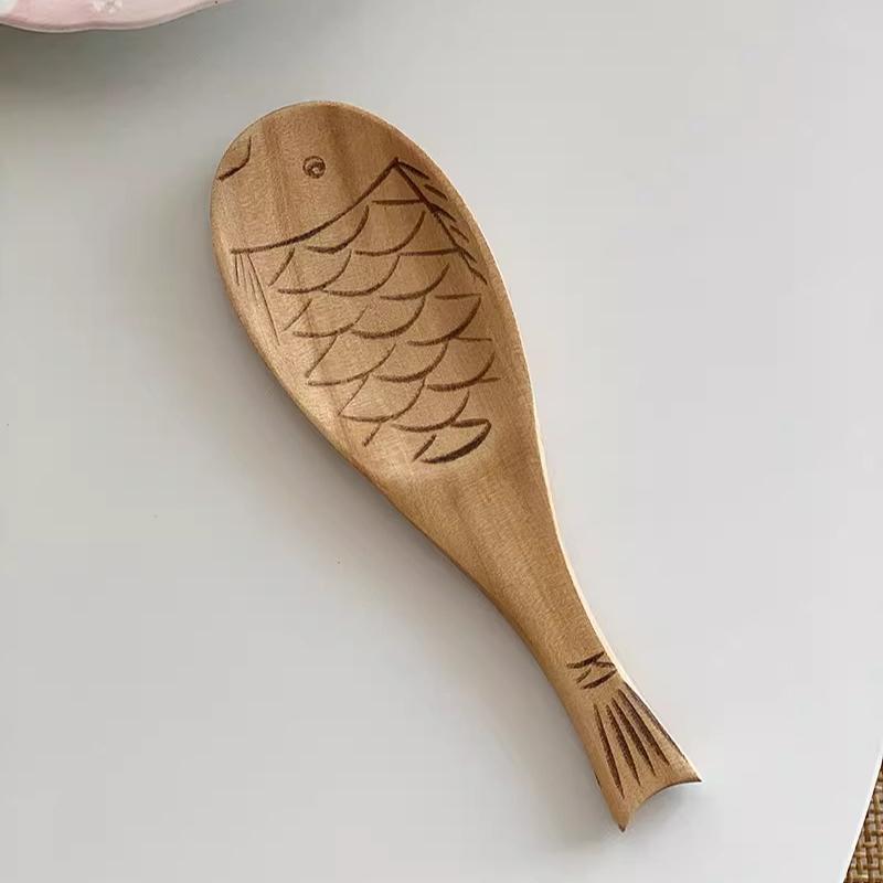 Japanese-style Cute Wooden Fish-shaped Natural Solid Wood Rice Spoon for Electric Rice Cooker
