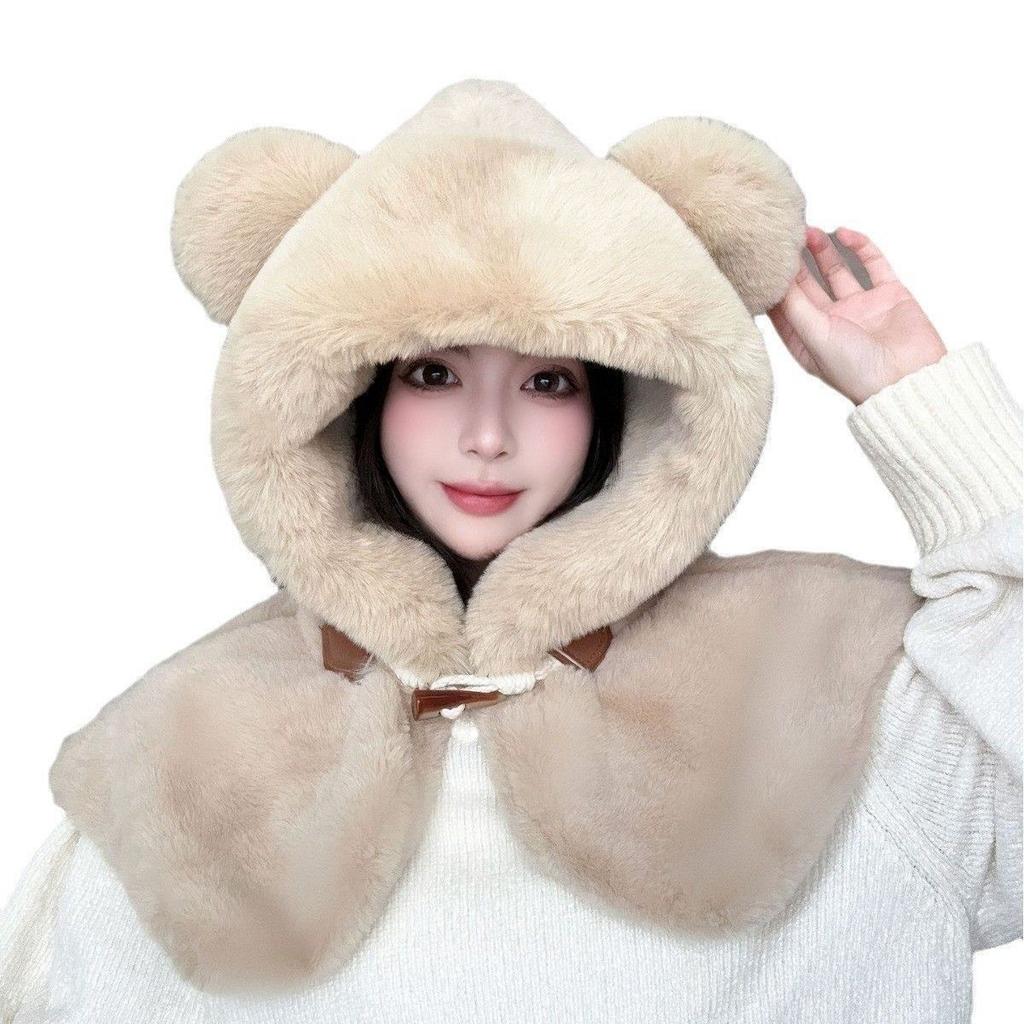 Cute hairy hat winter ladies tide bear vest integrated cold protection thickened winter hat warm shawl