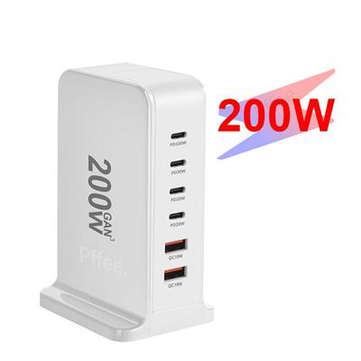 Pffee 200W USB C Ladegerät 6 Ports GAN 3 100W 30W Typ C Reiseladegerät Schnellladestation für Telefon Laptop Tablet
