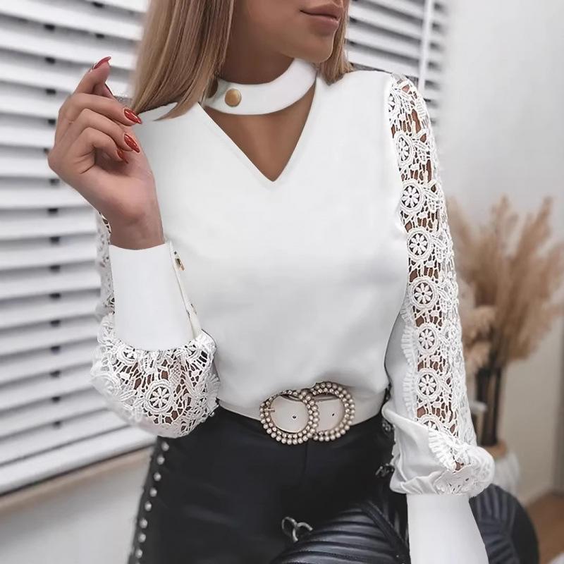 

Women White Choker Lace Long Sleeve Button Cuff Elegant Workwear Blouse Shirt S белый