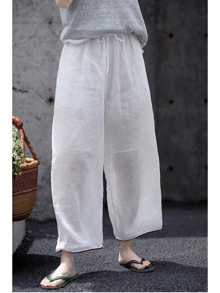 

Lightweight Retro Ramie Pants - Elastic Waist, Solid Color, Loose Fit, Cuffed Hem Extra Large