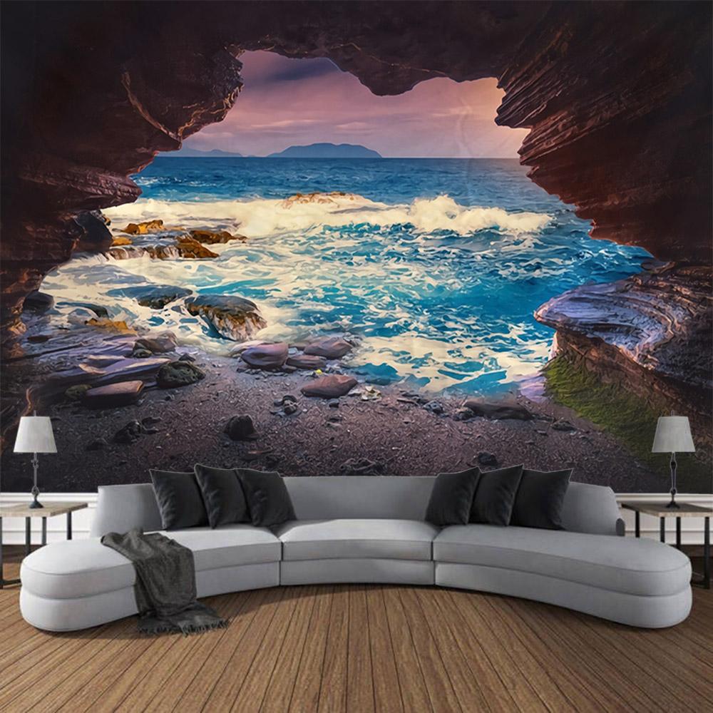 Sea View Oil Painting Tapestry Wall Hanging Living Room Bedroom Office Aesthetic Decoration Mural Home Background Hanging Cloth