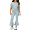 Girls Two Piece Outfit Short Sleeve Drawstring Top with Side Ruching and Flared Capri Pants Set Casual Wear for Kids