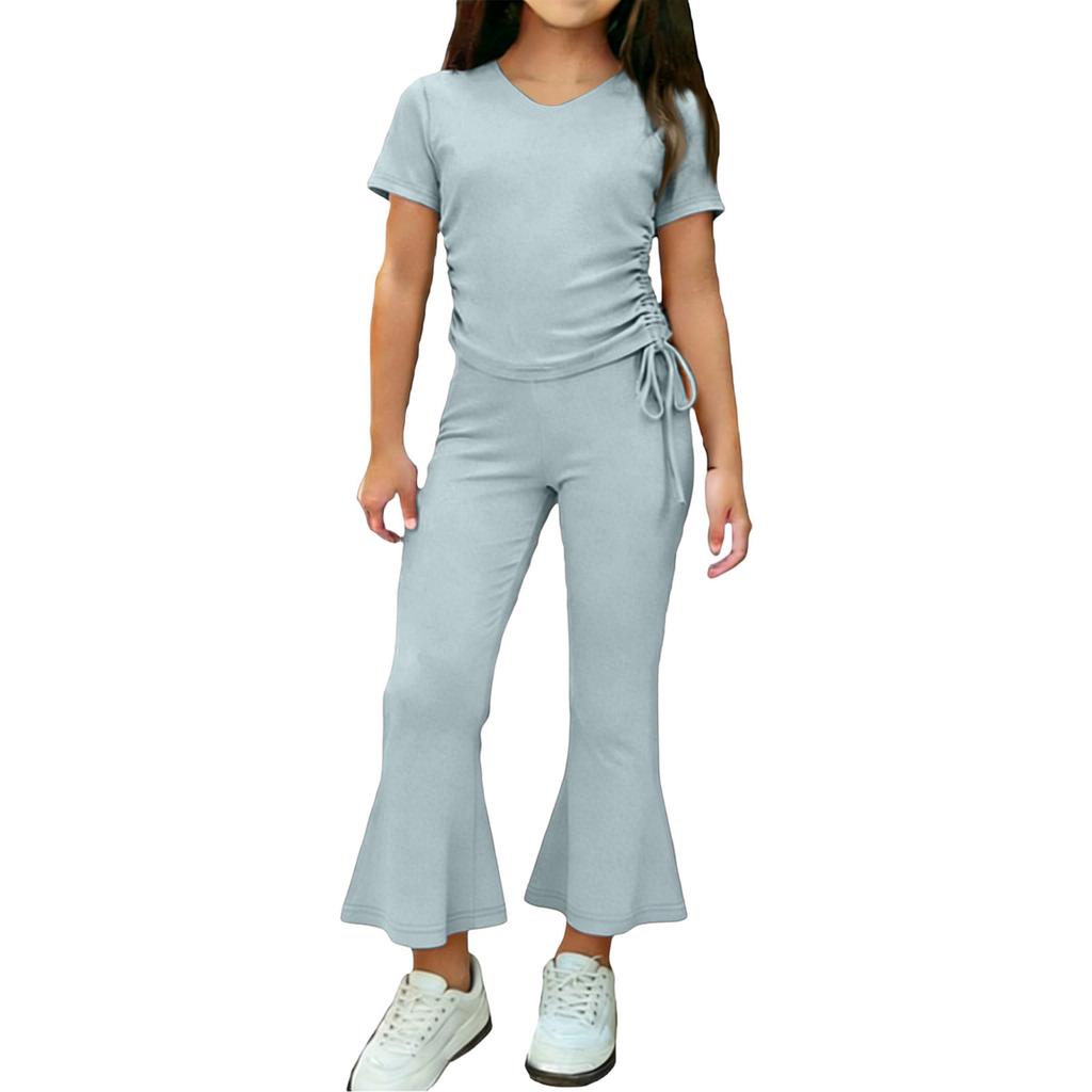 Girls Two Piece Outfit Short Sleeve Drawstring Top with Side Ruching and Flared Capri Pants Set Casual Wear for Kids