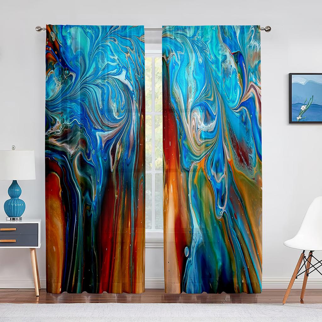 Abstract Marble Navy Blue Gold Marbling Sheer Curtains for Living Room Bedroom Decoration Window Chiffon Tulle Curtains Kitchen