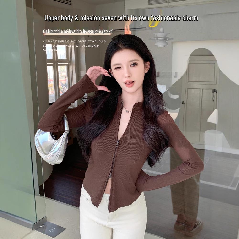 Women's Slimming Double Zipper Knitted Jacket with Stand Collar - Versatile Long Sleeve Cardigan for Spring and Autumn.