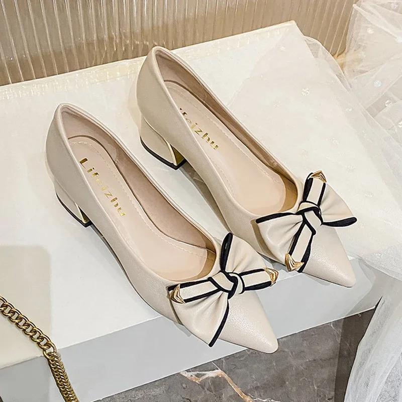 New Women Modern Pumps Spring Summer Girl Pointed Toe Casual Leather High Heels Shoes Fashion Bowknot Wedding Shoes