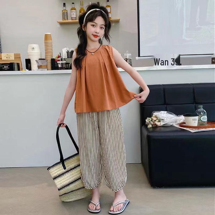 

Повседневный летний комплект-двойка для девочки в корейском стиле: Топ с коротким рукавом и брюки широкого кроя 140cm