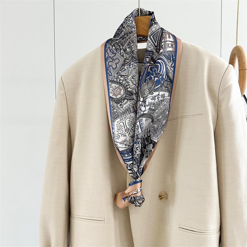 Silk scarf female blue knight print temperament mulberry silk silk scarf thin narrow long double-sided scarf streamer