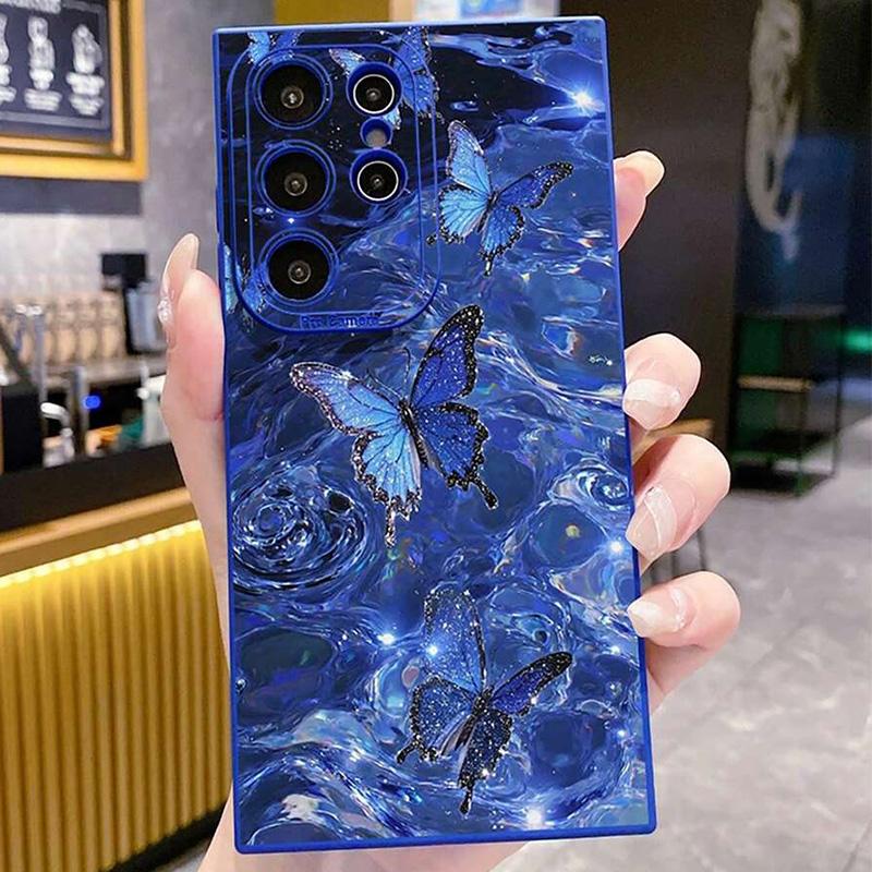 Shiny Blue Butterfly Printed Silicone Phone Case For Samsung Galaxy S26 Ultra S25 S24 S23 S22 Plus S20 S21 FE A16 A35 A55 Cover