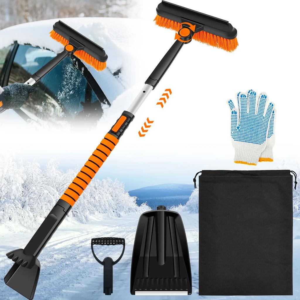 5 In 1 Retractable Snow Brush and Ice Scraper for Car Windshield Snow Shovel with 180° Pivoting Brush Head Car Snow Cleaning