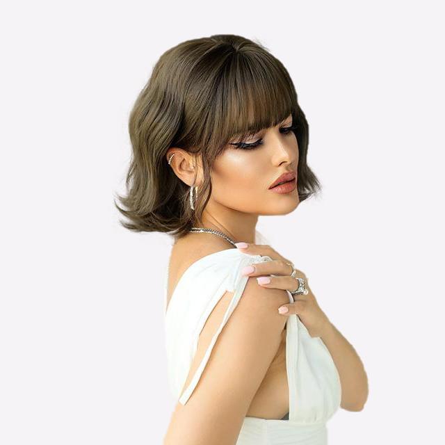 Short Curly Bob Wig Water Wave with Blunt Bangs | Natural Looking Everyday Party Wig | Comfort Fit Adjustable Cap (European & American Style)
