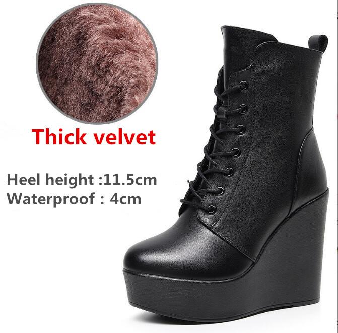 Women Genuine Leather Ankle Boots Winter Female Plush Snow Boots Platform Wedge Boots Women's High Heel Shoes Size 33-43