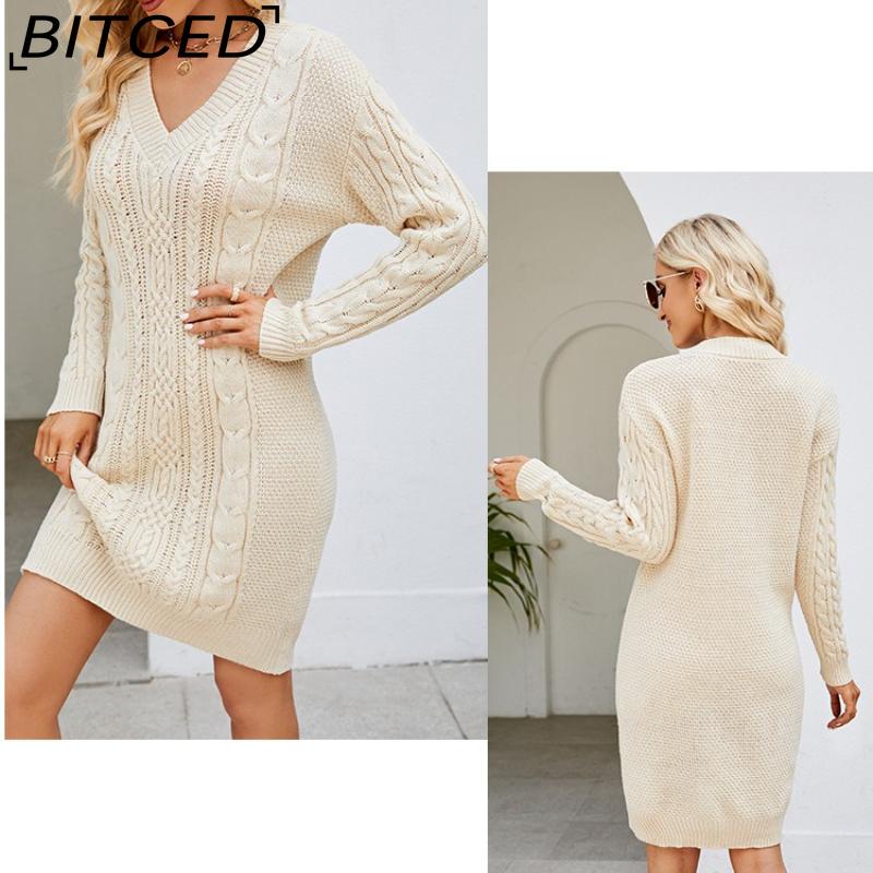 BITCED Dámské jednobarevné pletené šaty s výstřihem do V, dlouhé, z vlněné směsi, podzimní/zimní módní elegance, základní vrstva s copánkovým vzorem