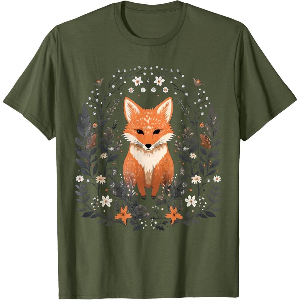 Cottagecore Floral Fox Aesthetic Graphic Tee for Unisex Casual Short Sleeve T-Shirt