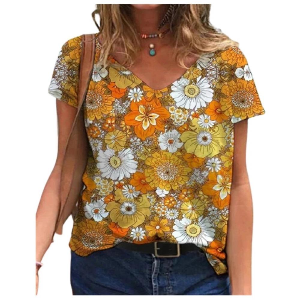 Casual Summer T-shirt 2025 New Women's 3d Floral Print T-shirt Ladies Street Wear Short-sleeved V-neck Top