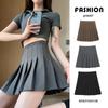 2024 Summer Women's Gray Pleated Midi Skirt: High-Waist College Style, Slimming, Anti-Exposure Design