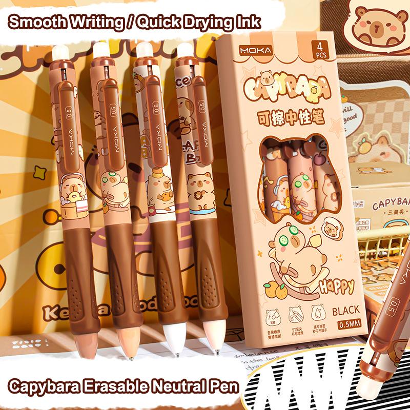 4 ks Roztomilé kreslené mazatelné pero s kapybarou a pandou Píše hladce Rychleschnoucí pera Studentské psací potřeby Kancelářské potřeby Dárky
